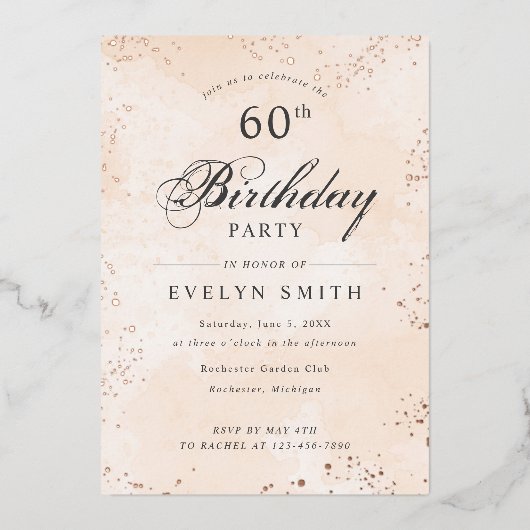Peach apricot 60th verjaardagsfeestje roos gold folie uitnodiging (Voorkant)