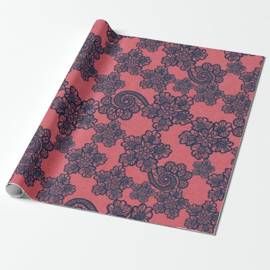 PEACH APRICOT NAVY LACE PATTERN WRAPPING PAPIER (Uitgerold)