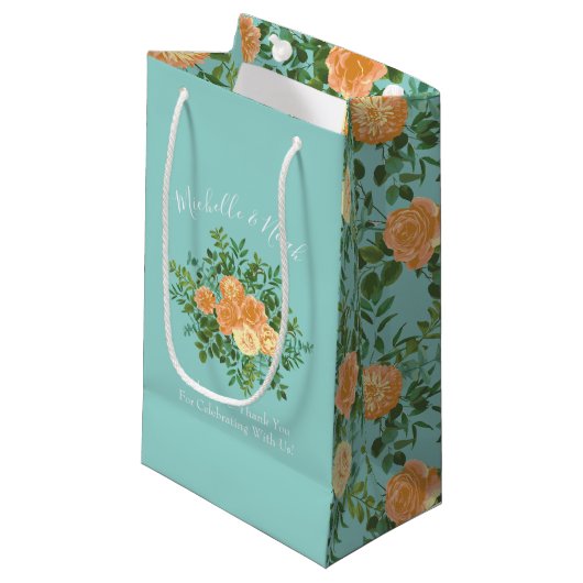 Peach Aqua Blauwgroen Weddenschap Rozen Floral Klein Cadeauzakje (Voorkant Gekanteld)