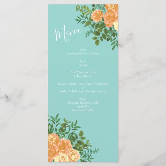 Peach Aqua Blauwgroen Weddenschap Rozen Floral Menu (Voorkant)