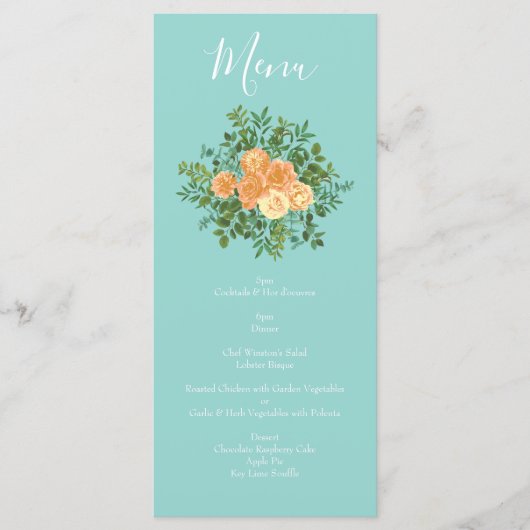 Peach Aqua Blauwgroen Weddenschap Rozen Floral Menu (Voorkant)