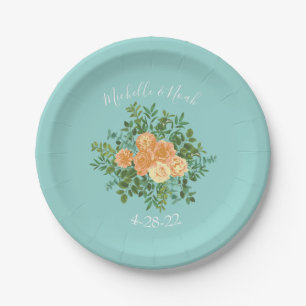 Peach Aqua Blauwgroen Weddenschap Rozen Floral Papieren Bordje