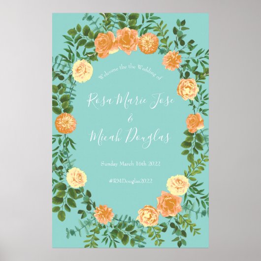 Peach Aqua Blauwgroen Weddenschap Rozen Floral Poster (Voorkant)