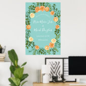 Peach Aqua Blauwgroen Weddenschap Rozen Floral Poster (Thuiskantoor)