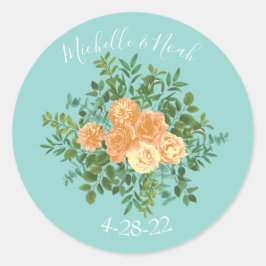 Peach Aqua Blauwgroen Weddenschap Rozen Floral Ronde Sticker