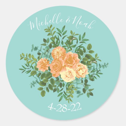 Peach Aqua Blauwgroen Weddenschap Rozen Floral Ronde Sticker (Voorkant)