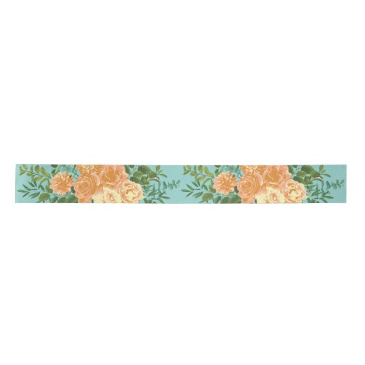 Peach Aqua Blauwgroen Weddenschap Rozen Floral Satijnen Lint (Voorkant)