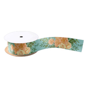 Peach Aqua Blauwgroen Weddenschap Rozen Floral Satijnen Lint