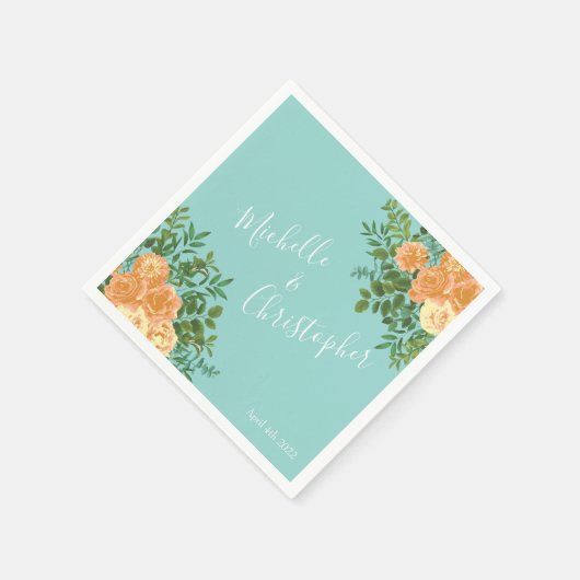 Peach Aqua Blauwgroen Weddenschap Rozen Floral Servet (Hoek)