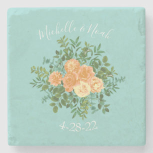 Peach Aqua Blauwgroen Weddenschap Rozen Floral Stenen Onderzetter