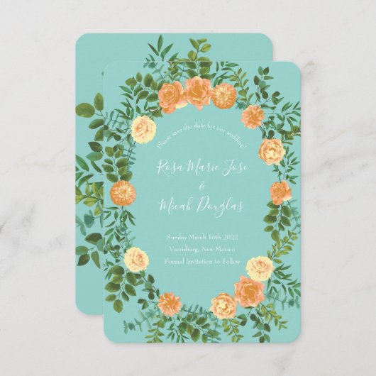 Peach & Aqua Peony Roos Floral Weddenschap Save Da Kaart (Voorkant / Achterkant)