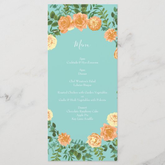 Peach & Aqua Peony & Roos Floral Wedding Menu (Voorkant)
