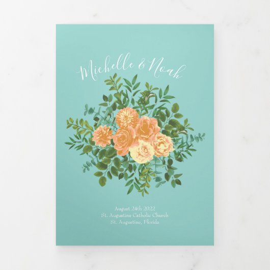 Peach & Aqua Peony & Roos Floral Wedding Programs Drieluik Programma (Cover)