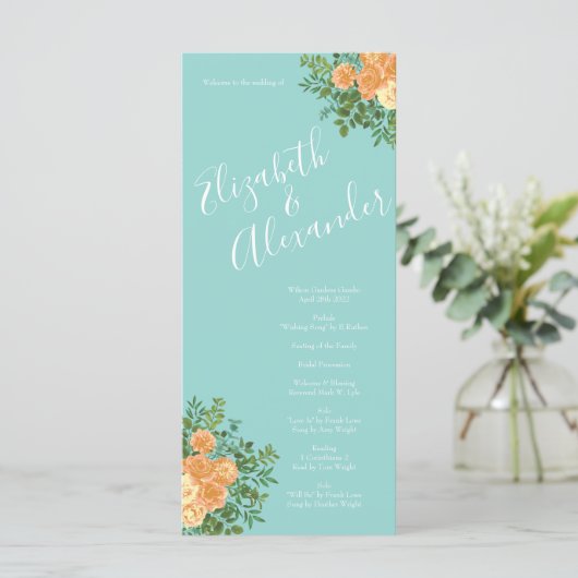 Peach & Aqua Peony & Roos Floral Wedding Programs Menu (Staand voorkant)