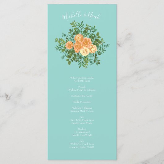Peach & Aqua Peony & Roos Floral Wedding Programs Menu (Voorkant)
