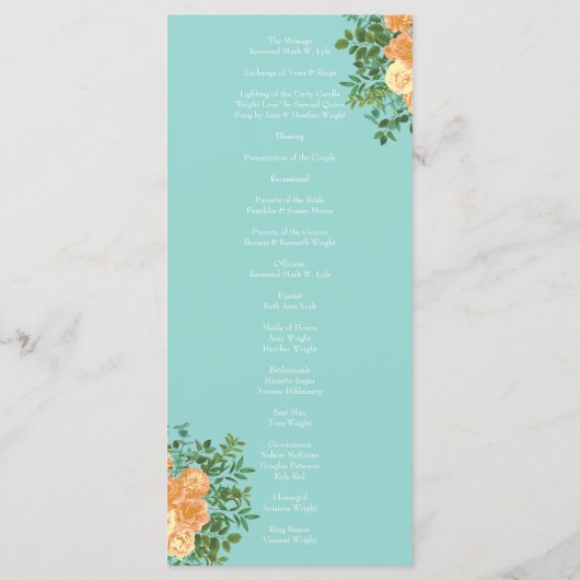 Peach & Aqua Peony & Roos Floral Wedding Programs Menu (Achterkant)
