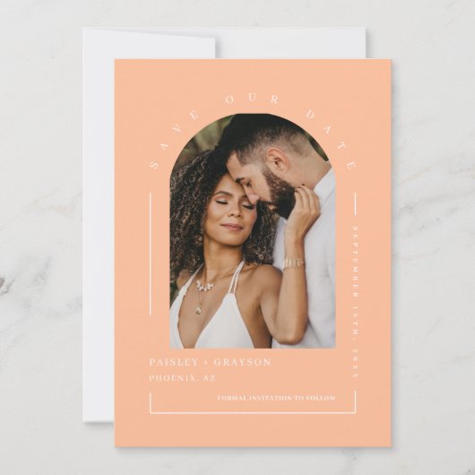 Peach Arch Foto QR Code Save Our Date Kaart (Voorkant)