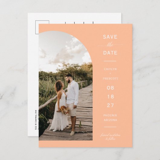 Peach Arch Photo QR Code Save the Date Briefkaart (Voorkant / Achterkant)