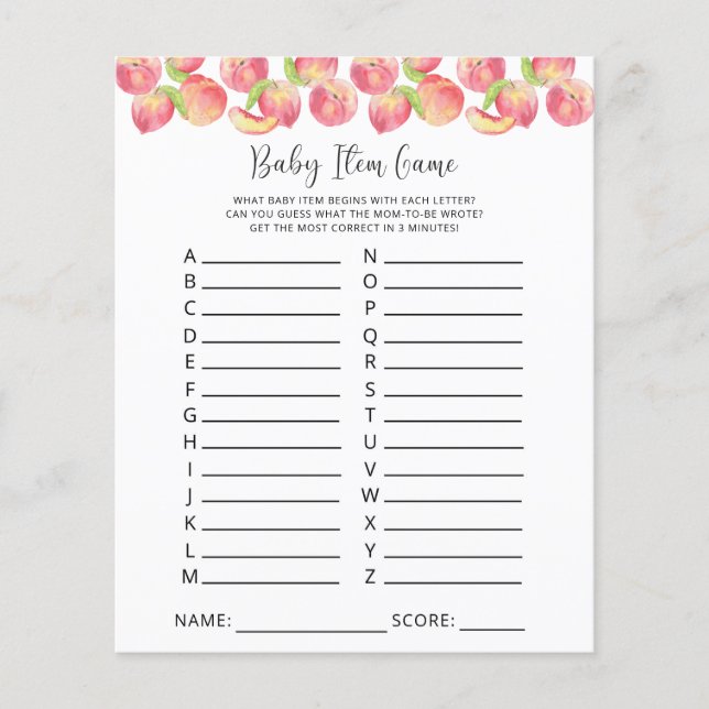 Peach Baby item game. Baby shower game (Voorkant)