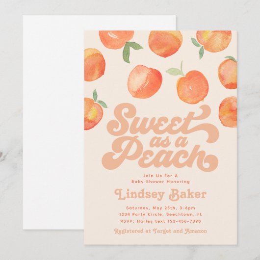 Peach Baby shower Invitation | Kleine peach Kaart (Voorkant / Achterkant)