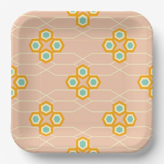 Peach background hexagonal floral pattern  papieren bordje (Voorkant)