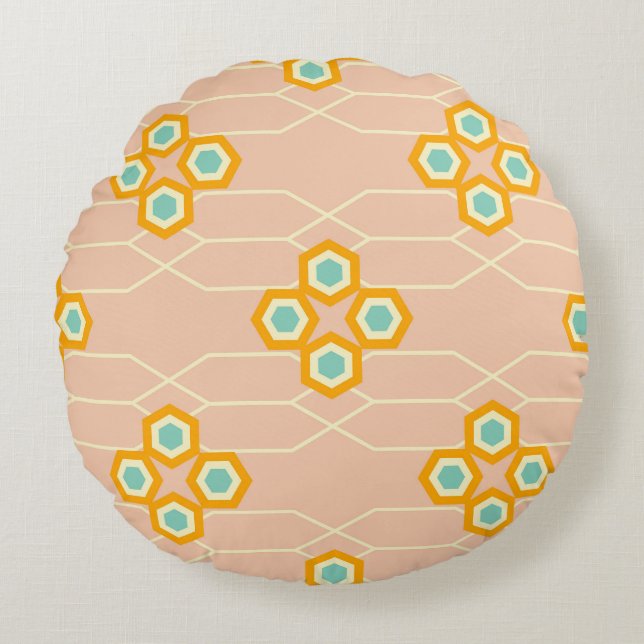 Peach background hexagonal floral pattern  rond kussen (Voorkant)