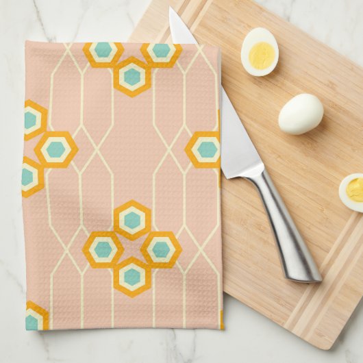 Peach background hexagonal floral pattern  theedoek (Quarter Fold)