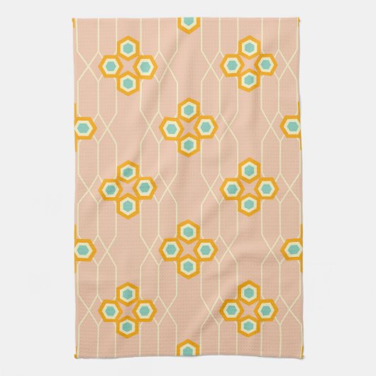 Peach background hexagonal floral pattern theedoek (Verticaal)