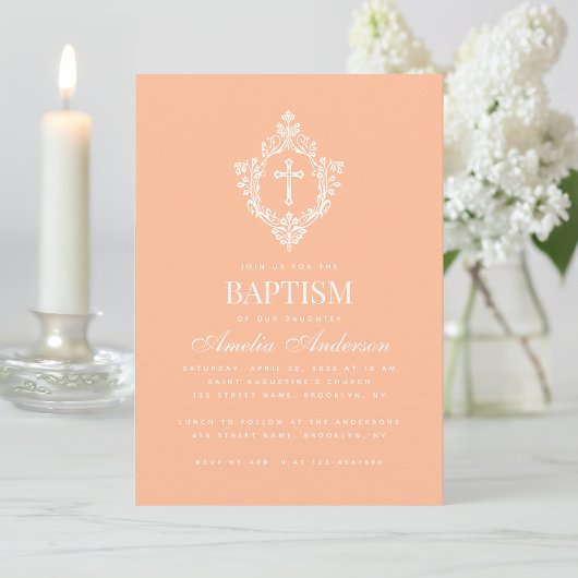Peach Baptism Cross in Crest Elegant Vintage Kaart