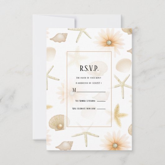 Peach Beach Seashells Bloemen Modern Wedding RSVP Kaart (Voorkant)