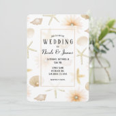 Peach Beach Seashells & Flowers Modern Weddenschap Kaart (Staand voorkant)