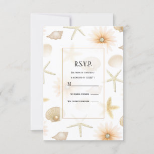 Peach Beach Seashells Flowers Modern Wedding RSVP Kaart