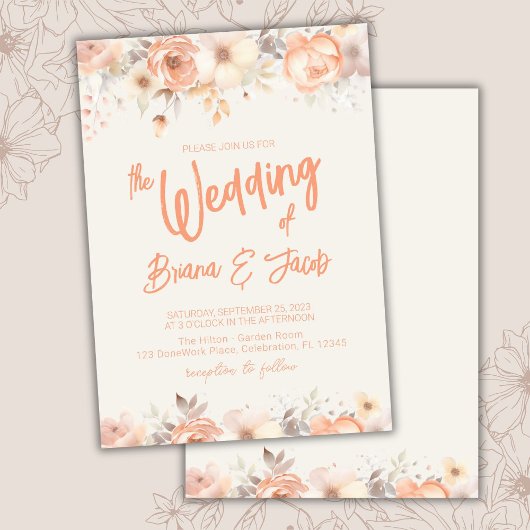Peach Beige Ivory Floral Wedding Invitation Kaart