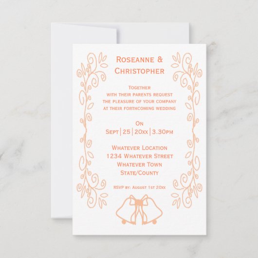 Peach Bells Scrollwork Ontwerp Wedding Kaart (Voorkant)