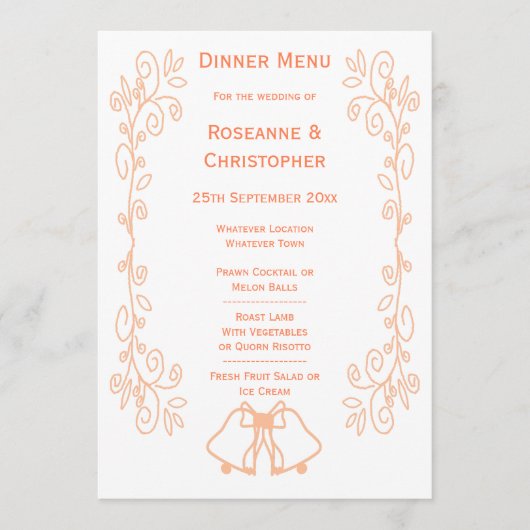 Peach Bells Scrollwork Ontwerp Wedding Menu (Voorkant)