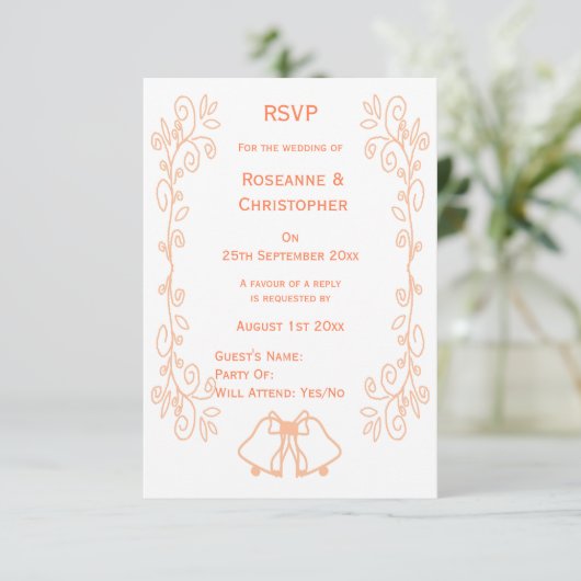Peach Bells Scrollwork Ontwerp Wedding RSVP Kaartje (Staand voorkant)