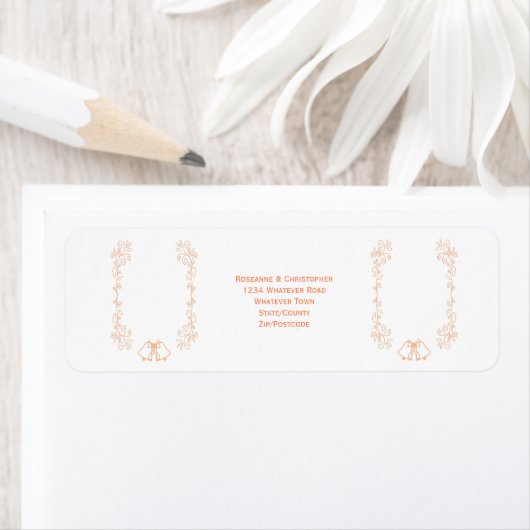 Peach Bells Scrollwork Wedding Retouradres Etiket (Insitu)