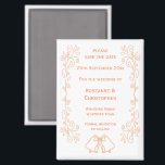 Peach Bells Scrollwork Wedding Sla de datum op Magneet<br><div class="desc">Trouwen slaan de datum magneet klokken ontwerp. Pas deze perzikkleurige bruiloft aan en sla de datummagneet op met uw trouwgegevens. Mocht u hulp nodig hebben bij het aanpassen, neem dan contact met ons op via de link op deze pagina. Perzik gekleurde klokken ontwerp gepersonaliseerde bruiloft opslaan van de datum magneet...</div>