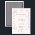 Peach Bells Scrollwork Wedding Sla de datum op Magneet<br><div class="desc">Trouwen slaan de datum magneet klokken ontwerp. Pas deze perzikkleurige bruiloft aan en sla de datummagneet op met uw trouwgegevens. Mocht u hulp nodig hebben bij het aanpassen, neem dan contact met ons op via de link op deze pagina. Perzik gekleurde klokken ontwerp gepersonaliseerde bruiloft opslaan van de datum magneet...</div>