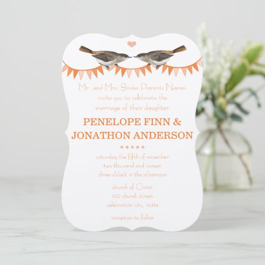 Peach  Bird Bunting Wedding Invitations Kaart (Staand voorkant)