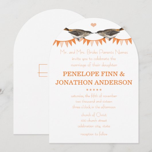Peach  Bird Bunting Wedding Invitations Kaart (Voorkant / Achterkant)