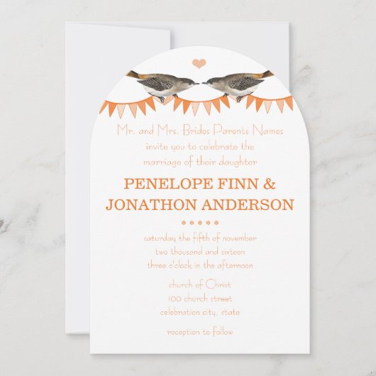 Peach  Bird Bunting Wedding Invitations Kaart (Voorkant)