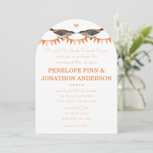 Peach  Bird Bunting Wedding Invitations Kaart (Staand voorkant)