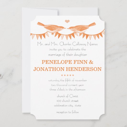 Peach  Bird Bunting Wedding Invitations Kaart (Voorkant)
