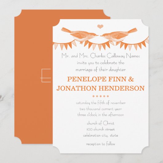 Peach  Bird Bunting Wedding Invitations Kaart (Voorkant / Achterkant)