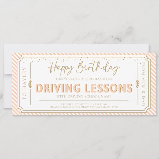 Peach Birthday Driving Lessons Gift Voucher Card Kaart (Voorkant)