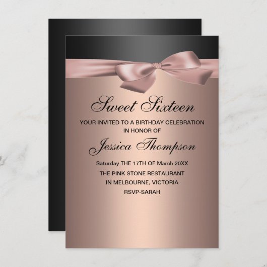 Peach & Black Bow Sweet 16 verjaardagsuitnodiging Kaart (Voorkant / Achterkant)