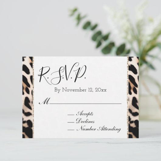 Peach Black Cream Leopard RSVP Informatiekaartje (Staand voorkant)