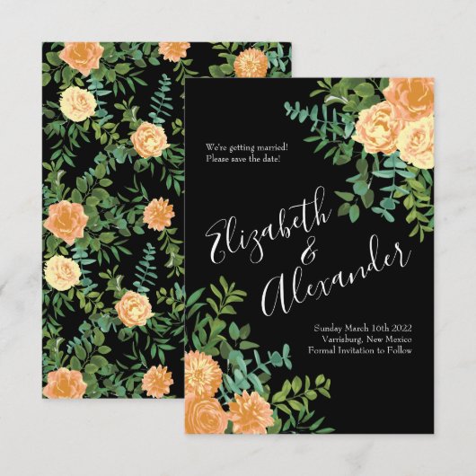 Peach & Black Peony Roos Weddenschap Save Date Kaart (Voorkant / Achterkant)