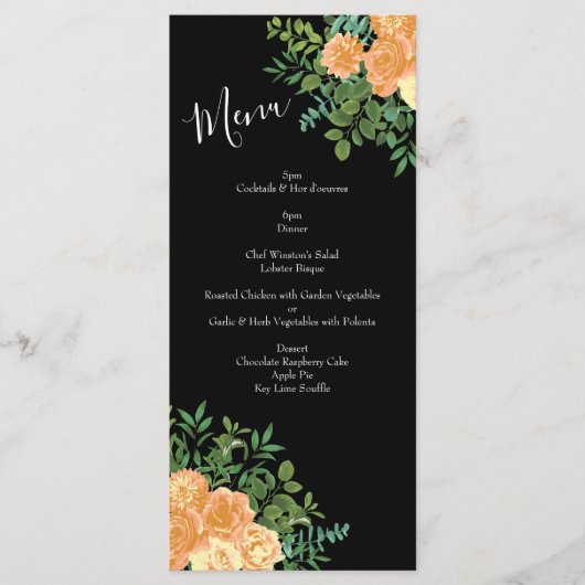 Peach Black Peony Roos Wedding Menu (Voorkant)